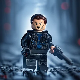 A LEGO figure dressed in a futuristic outfit, holding a gun and standing in a dramatic setting.