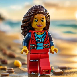 A smiling LEGO figure with long hair wearing a colorful outfit, standing on a beach.