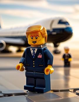 Donald Trump as a figure built with Lego® bricks in a suit with an airplane in the background.