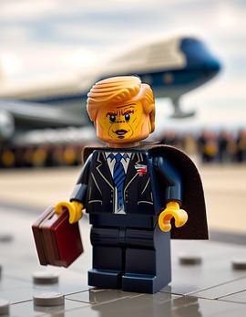 Donald Trump as a figure built with Lego® bricks in a business suit with a briefcase, set against a plane in the background.