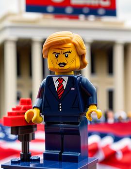 Donald Trump as a figure built with Lego® bricks standing at a podium with a red background and American flag elements.