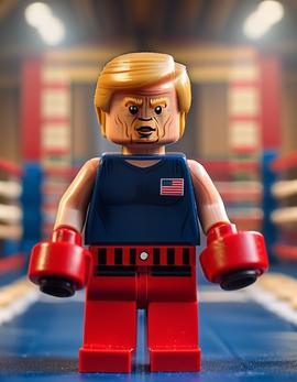 Donald Trump as a figure built with Lego® bricks in a boxing outfit, featuring red gloves and an American flag, set in a boxing ring.