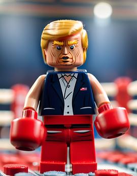 Donald Trump as a figure built with Lego® bricks in boxing attire, featuring red gloves and a blue vest in a boxing ring backdrop.