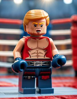 Donald Trump as a figure built with Lego® bricks dressed in boxing attire, standing in a boxing ring.