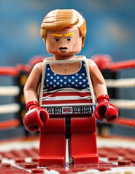 Donald Trump as a figure built with Lego® bricks in a boxing ring, wearing a stars-and-stripes outfit and red gloves.