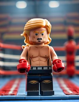 Donald Trump as a figure built with Lego® bricks in a boxing ring, wearing boxing gloves and shorts, with a detailed face and hairstyle.