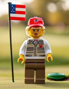 Donald Trump as a figure built with Lego® bricks standing on a golf course near a US flag.