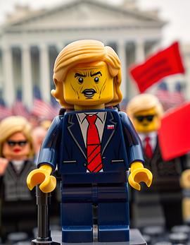 Donald Trump as a figure built with Lego® bricks in front of the White House, with supporters holding flags in the background.