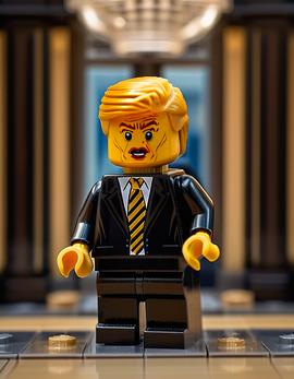 Donald Trump as a figure built with Lego® bricks, wearing a black suit and striped tie in a detailed office setting.