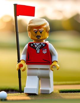 Donald Trump as a figure built with Lego® bricks in a golf outfit, standing beside a flag on a green golf course.