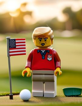 Donald Trump as a figure built with Lego® bricks standing by a golf hole with an American flag and golf ball.