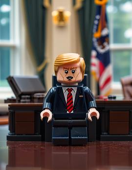 Donald Trump as a figure built with Lego® bricks sitting at a presidential desk in an office setting.