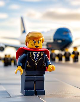 Donald Trump as a figure built with Lego® bricks in a suit with a red cape, against an airplane background.