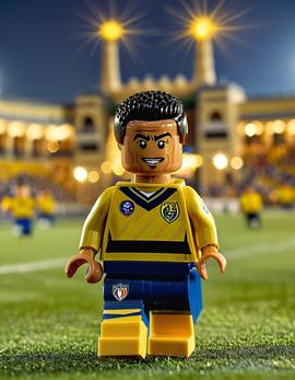 Cristiano Ronaldo as a figure built with Lego® bricks celebrating in Al Nassr colors at a Saudi Arabian stadium.