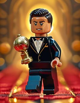 Cristiano Ronaldo as a figure built with Lego® bricks holding the Ballon d'Or trophy in a formal ceremony setting.