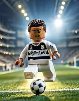 Cristiano Ronaldo as a figure built with Lego® bricks executing his famous bicycle kick in Real Madrid colors.