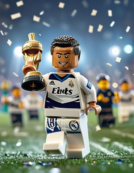 Cristiano Ronaldo as a figure built with Lego® bricks lifting the Champions League trophy, wearing Real Madrid jersey.