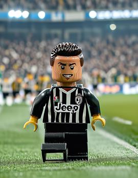 Cristiano Ronaldo as a figure built with Lego® bricks celebrating in Juventus jersey with his signature knee slide.