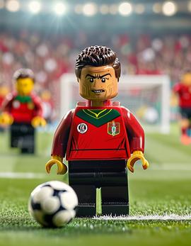 Cristiano Ronaldo as a figure built with Lego® bricks preparing for a penalty kick in Portugal colors.