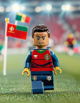 Cristiano Ronaldo as a figure built with Lego® bricks wearing Portugal captain's armband in a national team setting.