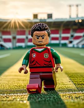 Cristiano Ronaldo as a figure built with Lego® bricks performing his signature 'Siu' celebration in a stadium setting.