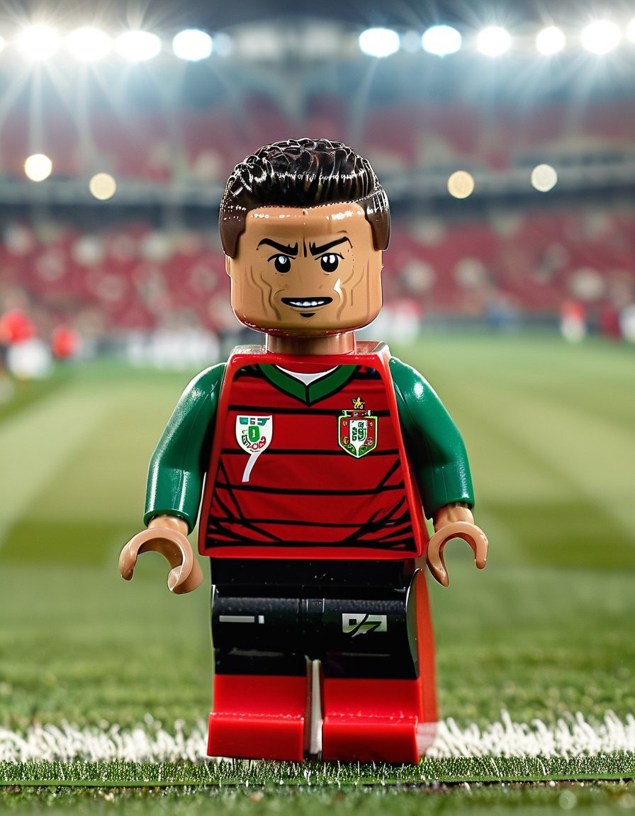 AI-generated portrait of Cristiano Ronaldo as a figure built with Lego® bricks in a stadium setting, featuring iconic celebration pose and jersey details.