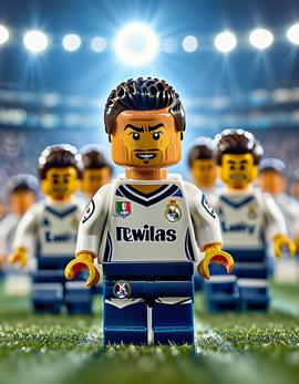 Cristiano Ronaldo as a figure built with Lego® bricks leading a team huddle before a Champions League match.