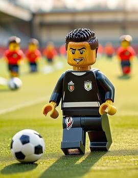 Cristiano Ronaldo as a figure built with Lego® bricks during an intense training session with practice equipment.