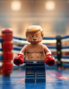 Donald Trump as a figure built with Lego® bricks in boxing pose, wearing gloves and shorts, set in a boxing ring.