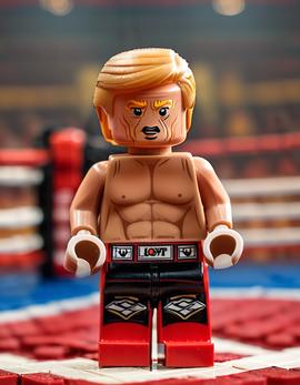 Donald Trump as a figure built with Lego® bricks in a boxing ring, featuring a muscular build and boxing attire.