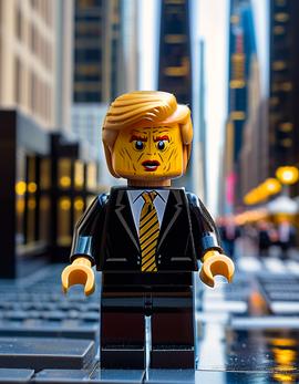 Donald Trump as a figure built with Lego® bricks in a city street setting, wearing a suit and tie, with a distinctive hairstyle.