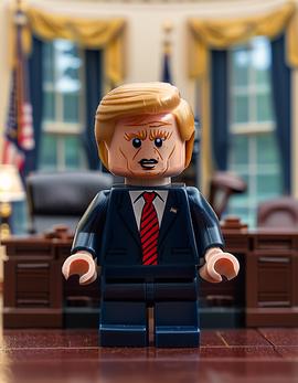 Donald Trump as a figure built with Lego® bricks in an office setting, featuring iconic hairstyle and suit details.