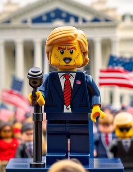 Donald Trump as a figure built with Lego® bricks giving a speech, with flags and a crowd in the background.