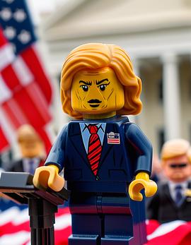 Donald Trump as a figure built with Lego® bricks at a podium, set against a backdrop of American flags and White House.