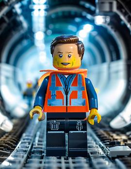 Elon Musk as a figure built with Lego® bricks in Boring Company tunnel.