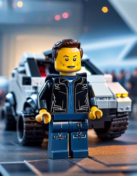 Elon Musk as a figure built with Lego® bricks presenting the Cybertruck.