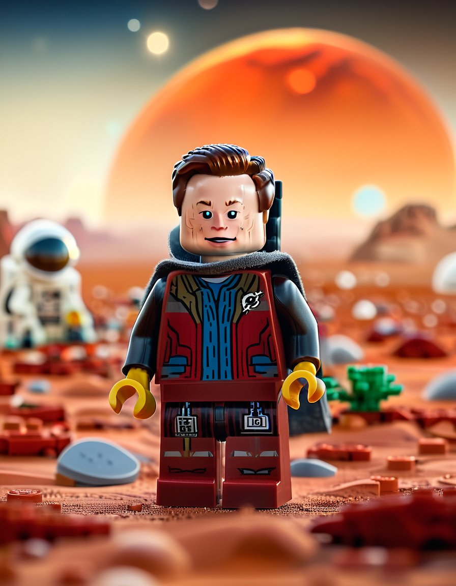 AI-generated portrait of Elon Musk as a figure built with Lego® bricks presenting Mars colonization plans.