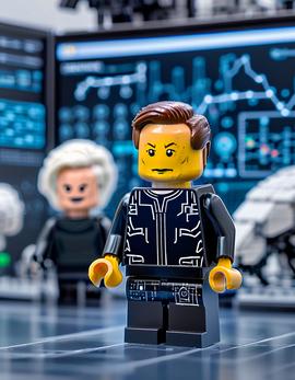 Elon Musk as a figure built with Lego® bricks presenting Neuralink technology.