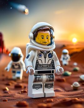 Elon Musk as a figure built with Lego® bricks in SpaceX space suit.