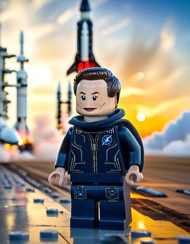 Elon Musk as a figure built with Lego® bricks watching a rocket launch.