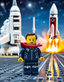 Elon Musk as a figure built with Lego® bricks presenting SpaceX Starship.