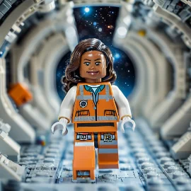 LEGO astronaut figure walking through a space tunnel with a starry backdrop.