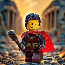 LEGO figure dressed as a warrior in a cape, standing on a rocky path with a sunset backdrop.