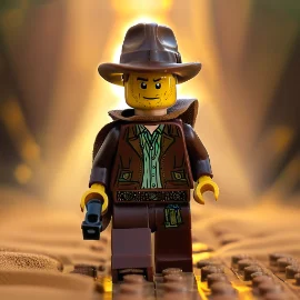 LEGO figure dressed as an adventurer with a gun, walking on a sandy path.