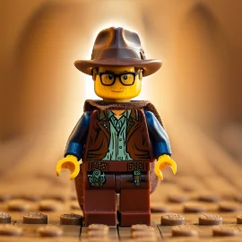 LEGO figure dressed as an adventurer with a hat and a brown coat, standing on a cobblestone path.