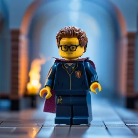 Lego figure in a blue uniform with a cape and glasses, standing in a detailed setting.