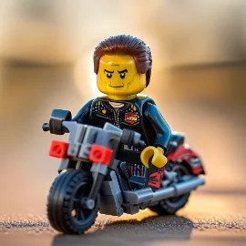 Lego figure in a leather jacket riding a motorcycle.