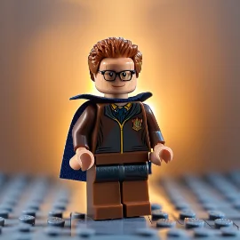 Lego figure in a wizard outfit with a cape and glasses, set against a glowing background.