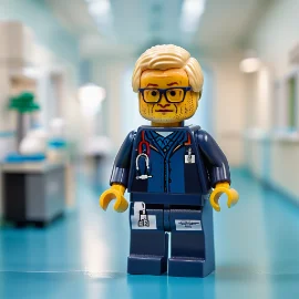 LEGO figure of a doctor in a hospital setting with medical accessories.