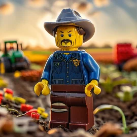 LEGO figure of a farmer in a field with a tractor in the background.